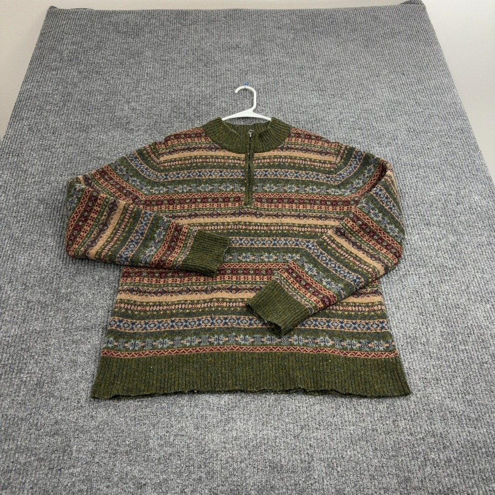 Schott Bros Sweater Mens XL Green Wool Blend Fair Isle Quarter Zip Mock Neck